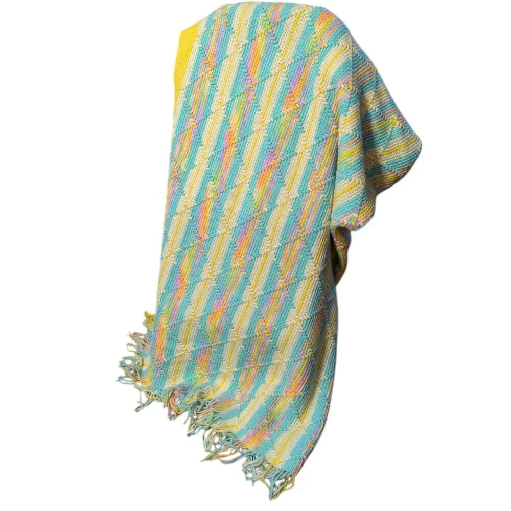 VTG Chunky Knit Pastel Yellow Pink Green Fringe End Handmade Blanket